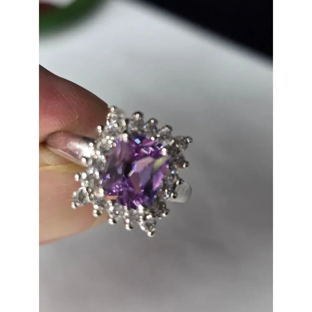 Estate Sale Signed FAS 925 Sterling Silver Purple Cubic Zirconia Ring Size 8